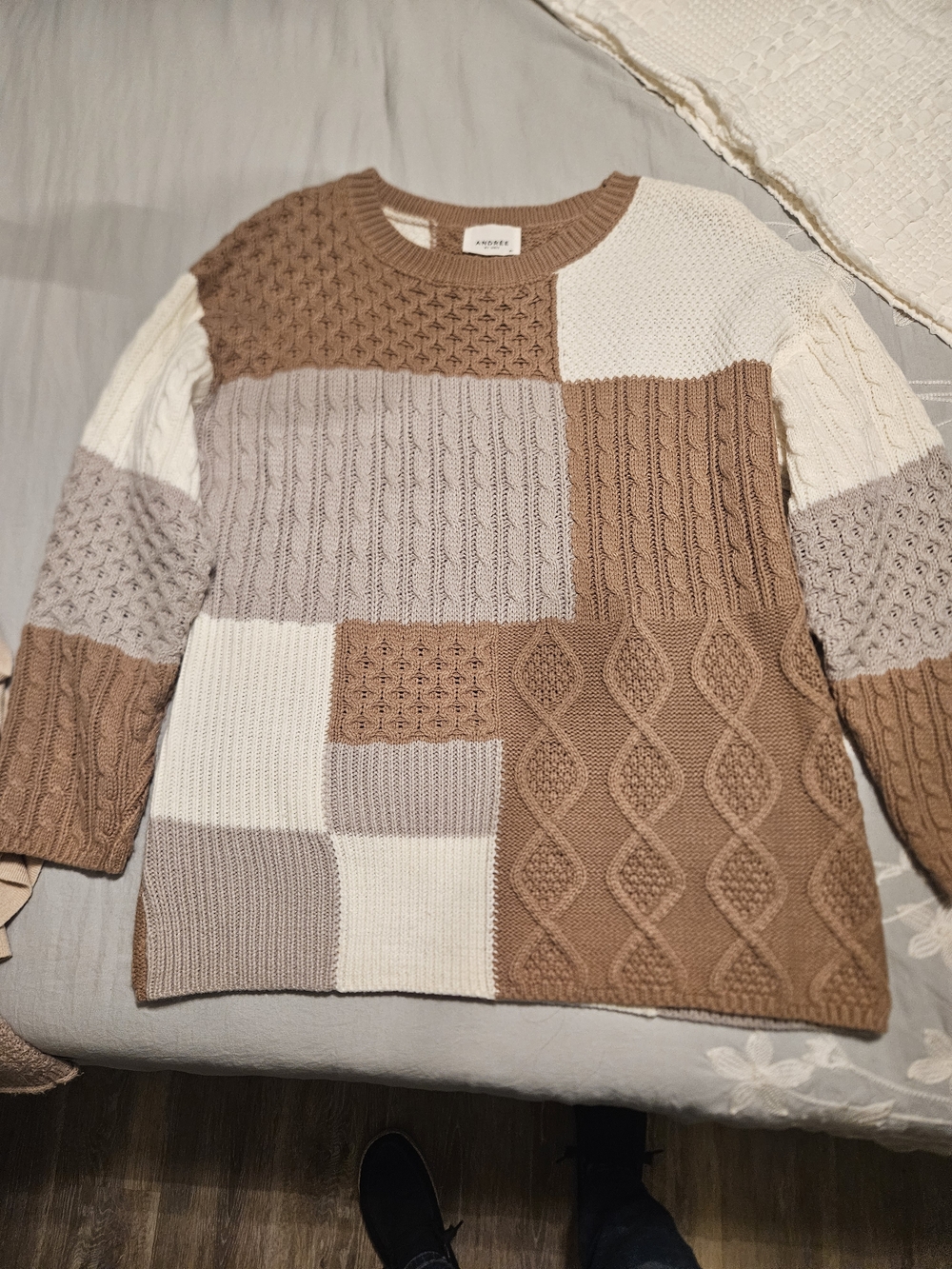 ANDREE BY UNIT Patchwork Cable-Knit Crewneck Sweater in Brown, Cream & Taupe